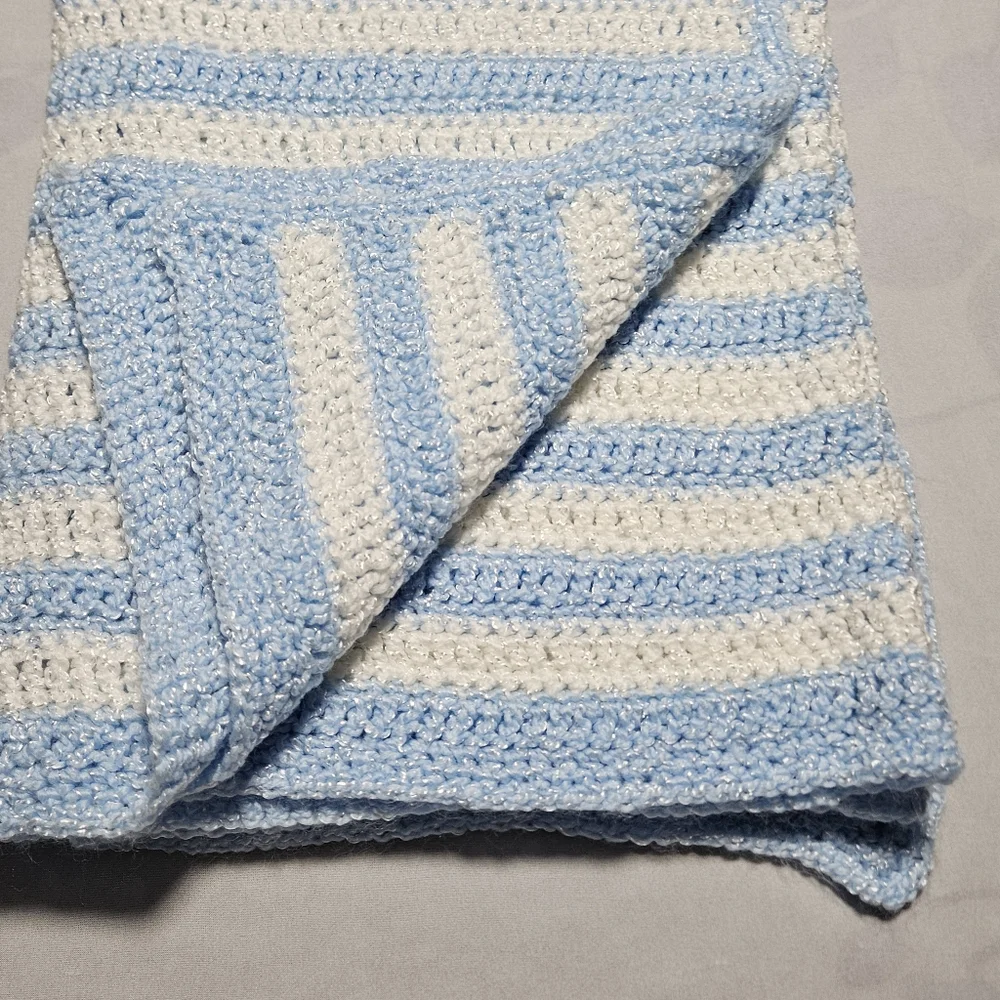 *New* Crochet  blue white stripe afghan baby throw blanket  approx. 34